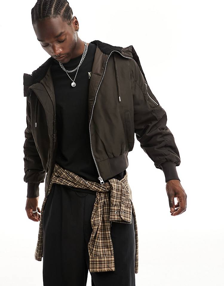 COLLUSION bomber jacket with zip hood detail in brown